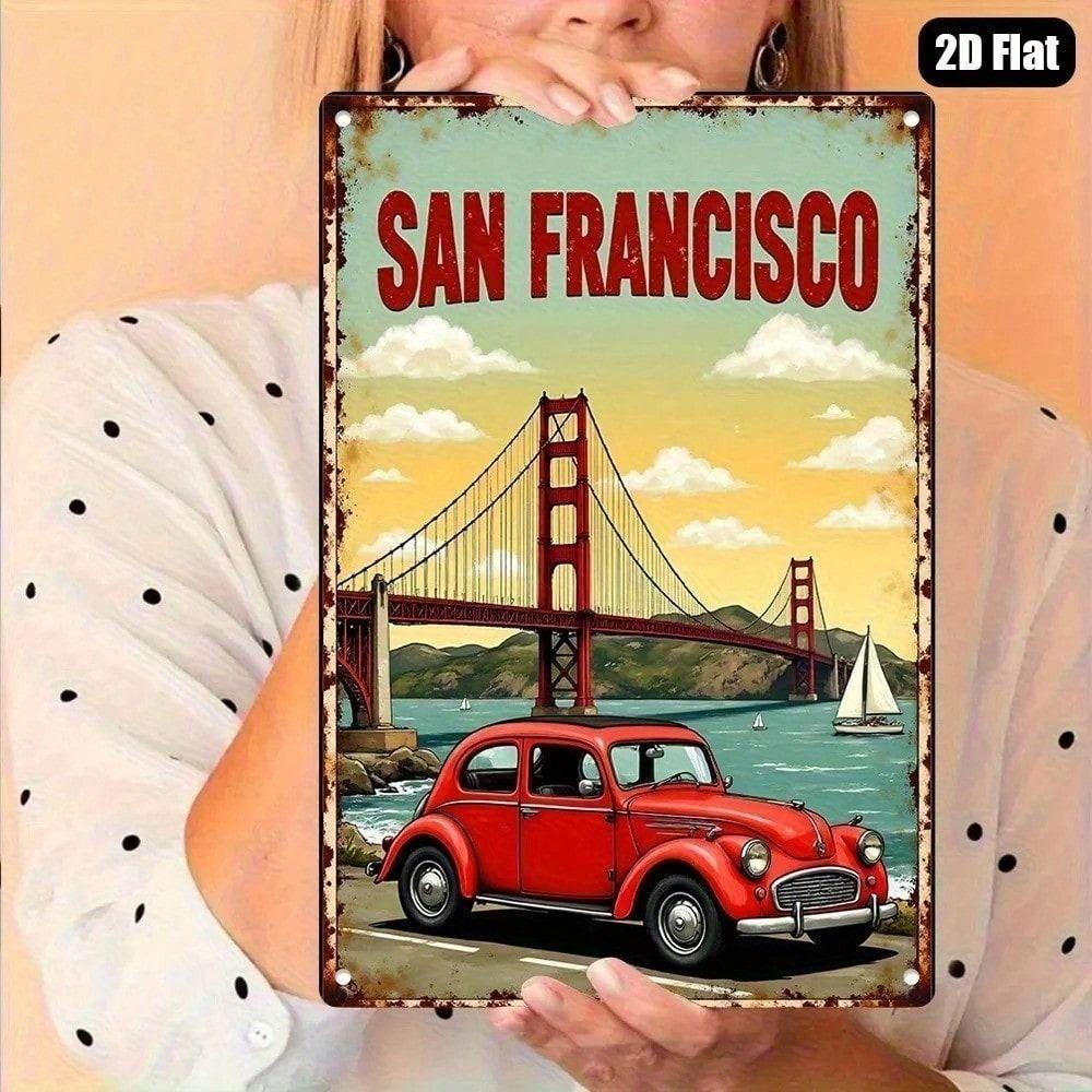 Vintage San Francisco Retro Metal Poster, Golden Gate Bridge Sunset Red Car Art for Wall Garage