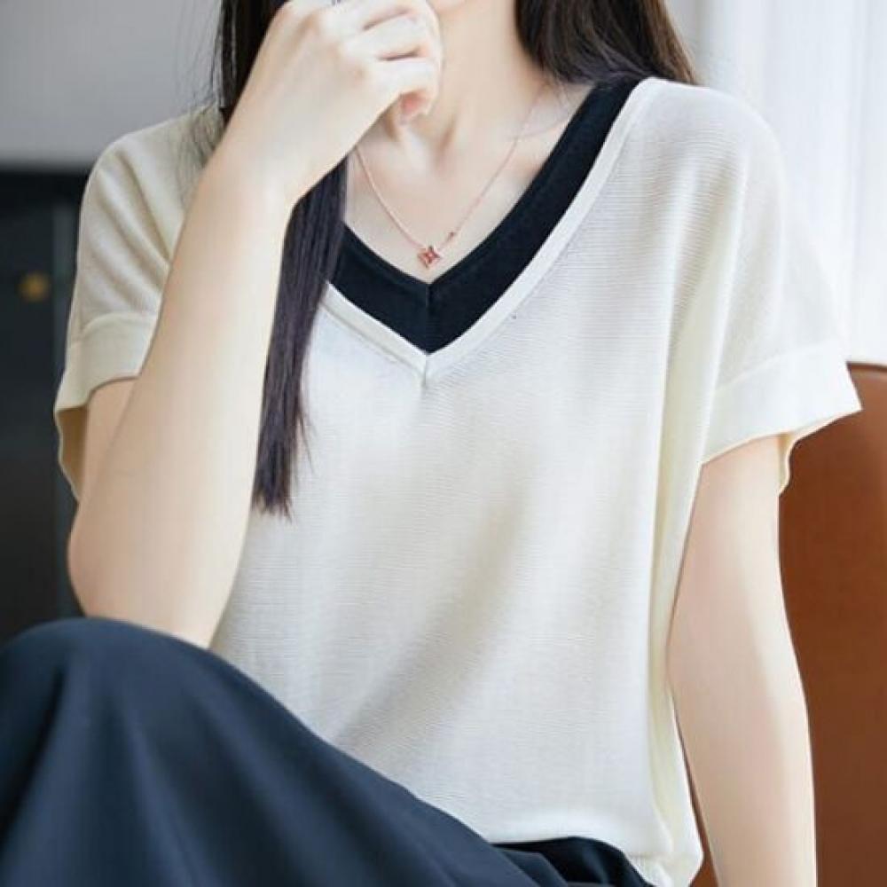 NaVaVa Thin Cool Colorblock V Neck Short sleeVe Knit Nk3055