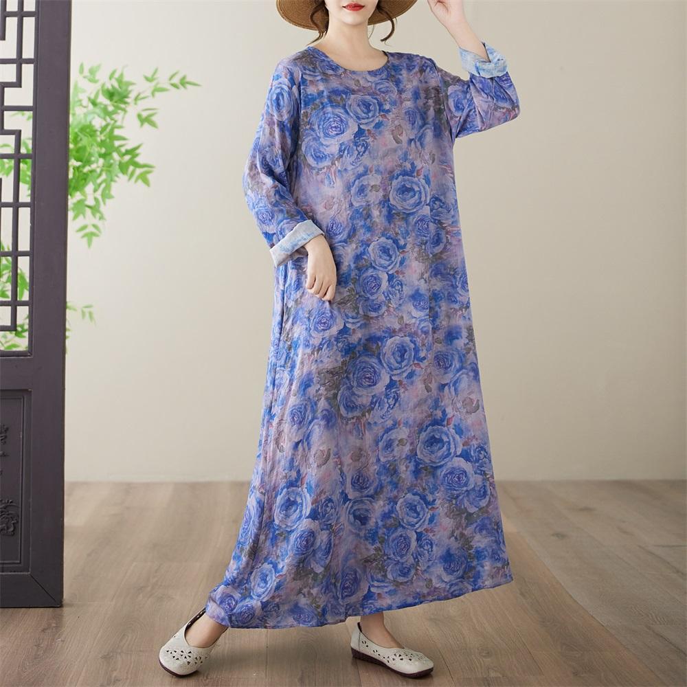 Long Sleeve Plus Size Cotton Vintage Floral New In Dresses for Women Casual Loose Spring Autumn Dress