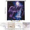 Mystical Wolf Shower Curtain -Anthropomorphic Wolves, Moonlight, Purple Gray Fur, Starry Night & Waterfall, Pink Rose, Polyester