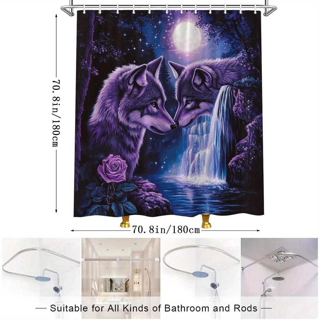 Mystical Wolf Shower Curtain -Anthropomorphic Wolves, Moonlight, Purple Gray Fur, Starry Night & Waterfall, Pink Rose, Polyester