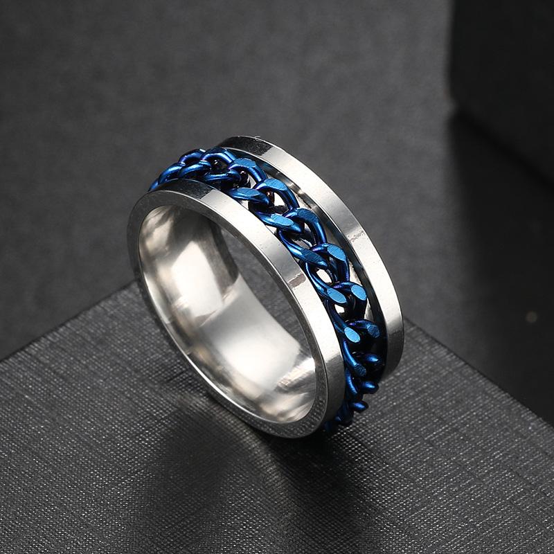 Anxiety Fidget Ring For Men Punk Titanium Stainless Steel Black Blue Spinning Spinner Rotatable Chain Rotating Rings Homme Gift