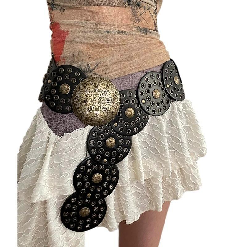 Cintura Larga in Ecopelle Stile Boho con Fibbia Metallica Circolare per Donne Moda Estiva