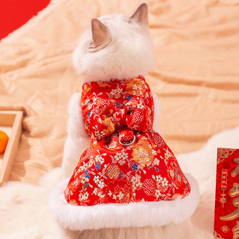 Pet New Year Cat Clothes Autumn and Winter Warm Cat Festive New Year Greetings Two-legged Cotton-padded Clothes Skirt Winter Clothing