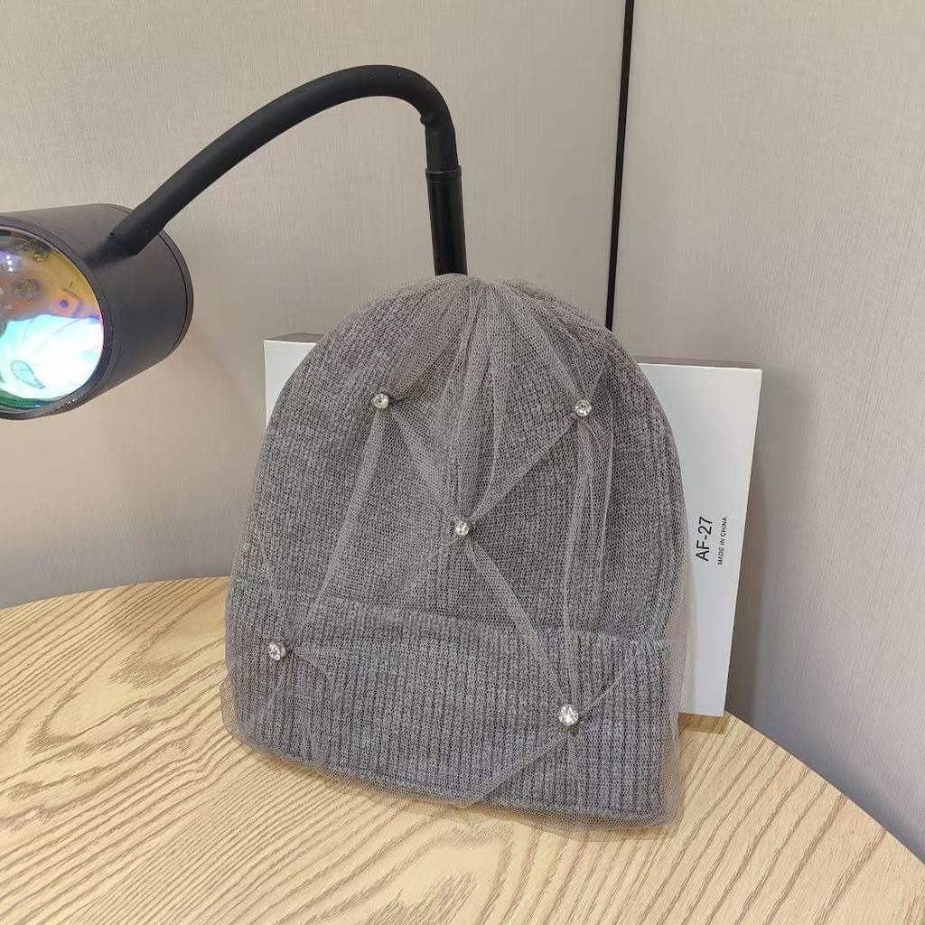 New Fashion Mesh Warm Rhinestone Wool Hat for Women In Autumn and Winter Thickened Ear Protection Head Cold Hat Korean Version Knit Hat Trend
