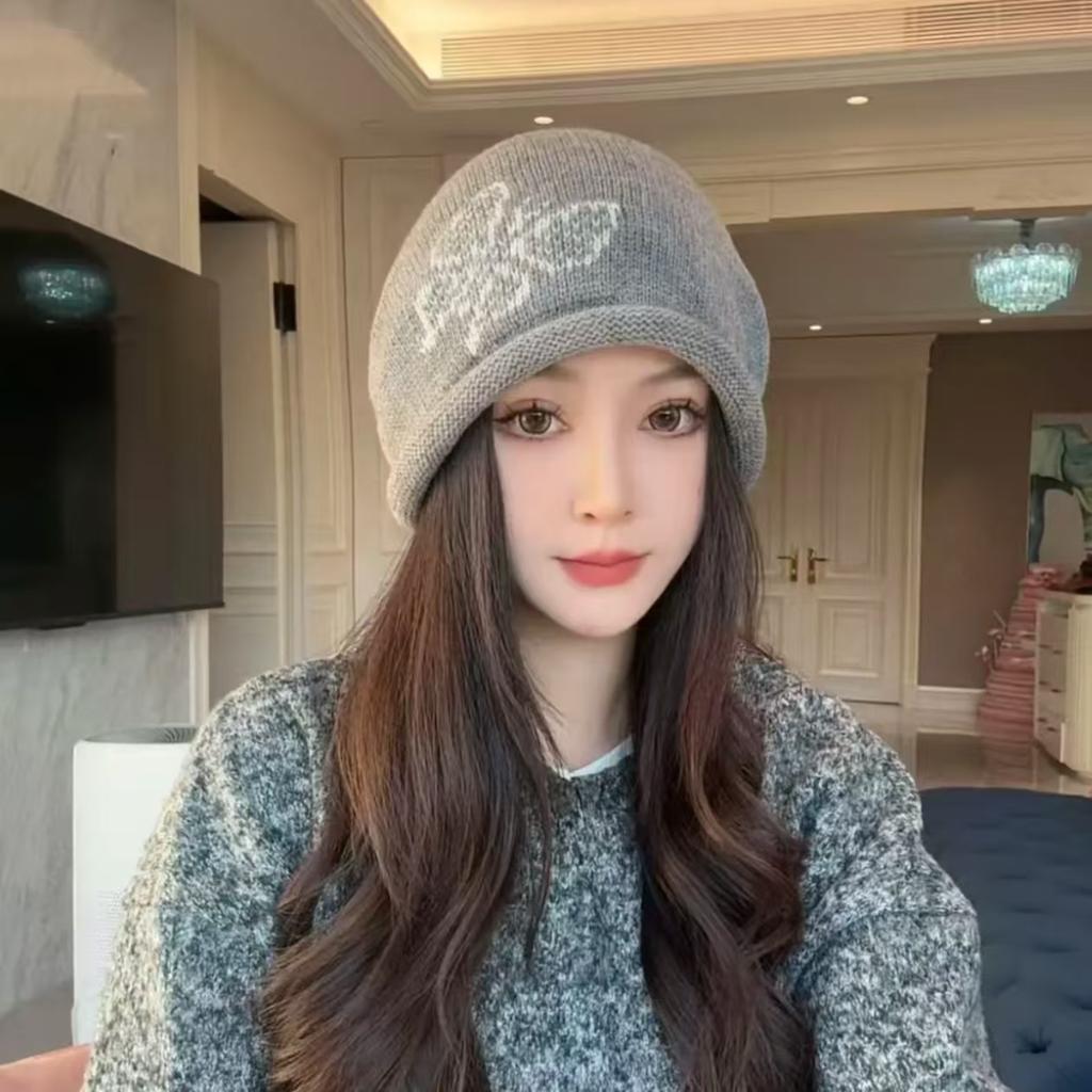 Korean-style large head circumference drawstring knitted beanie for women, with rolled edges, pullover cold hat, face-slimming head wrap, postpartum