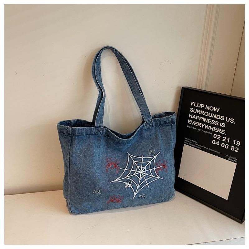 Hot Sale Spider Web Embroidered Denim Bags Women's Shoulder Bags Vintage Portable Commuter Tote Bags Canvas Bags