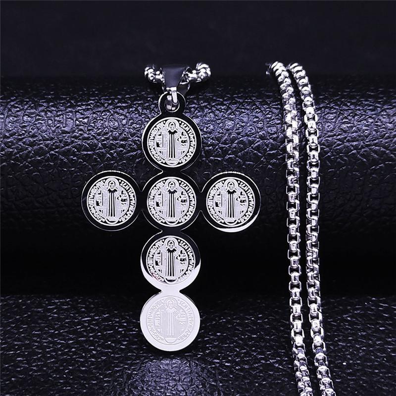Saint Benedict Cross Necklace Stainless Steel Gold Color Religious Jesus Necklaces Catholic Jewelry colier homme NXH39S02