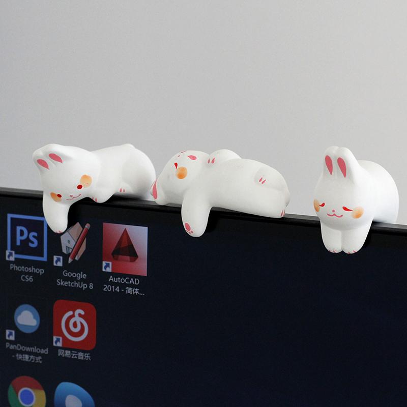 3 Pcs Computer Screen Monitor Small Ornaments Desktop Doll Cat Rabbit Home Decor Lucky Cat Resin Figurine Home Accessories