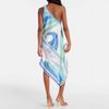 Rochie de vacanță satinată cu umeri asimetrici pentru femei, elegantă, cu imprimeu, fără spate, rochie scurtă neregulată, casual, fără mâneci, largă, rochie de petrecere