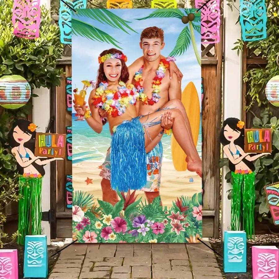 

1Pc, Hawaiian Luau Couple Photo Banner Props Hanging Photo Backdrop Decor For Aloha Party Tropical Beach Party Favors Supplies Other