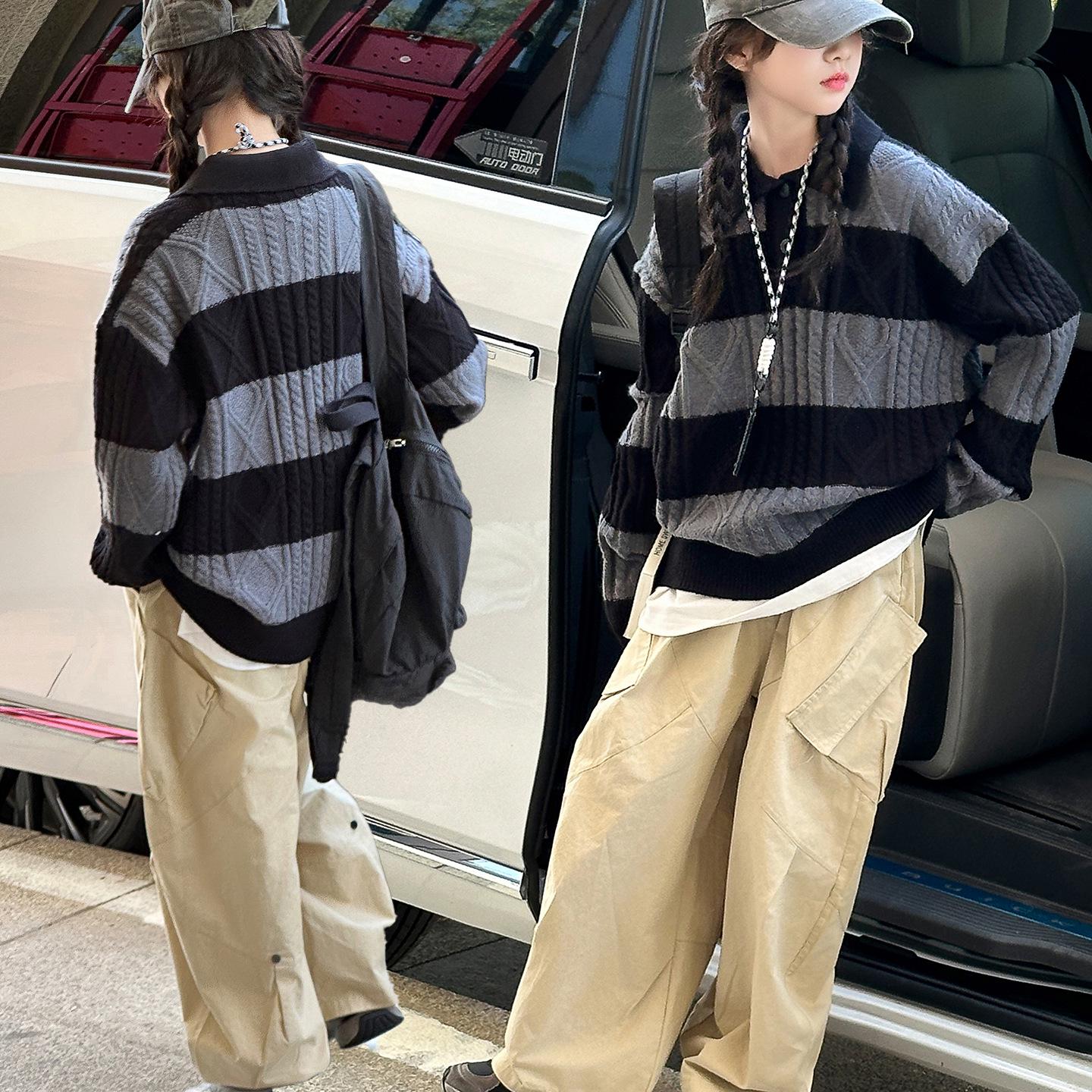 

Трендовый осенний вязаный пуловер для девочек - 2025 Свободный крой для детей старшего возраста 160 cm