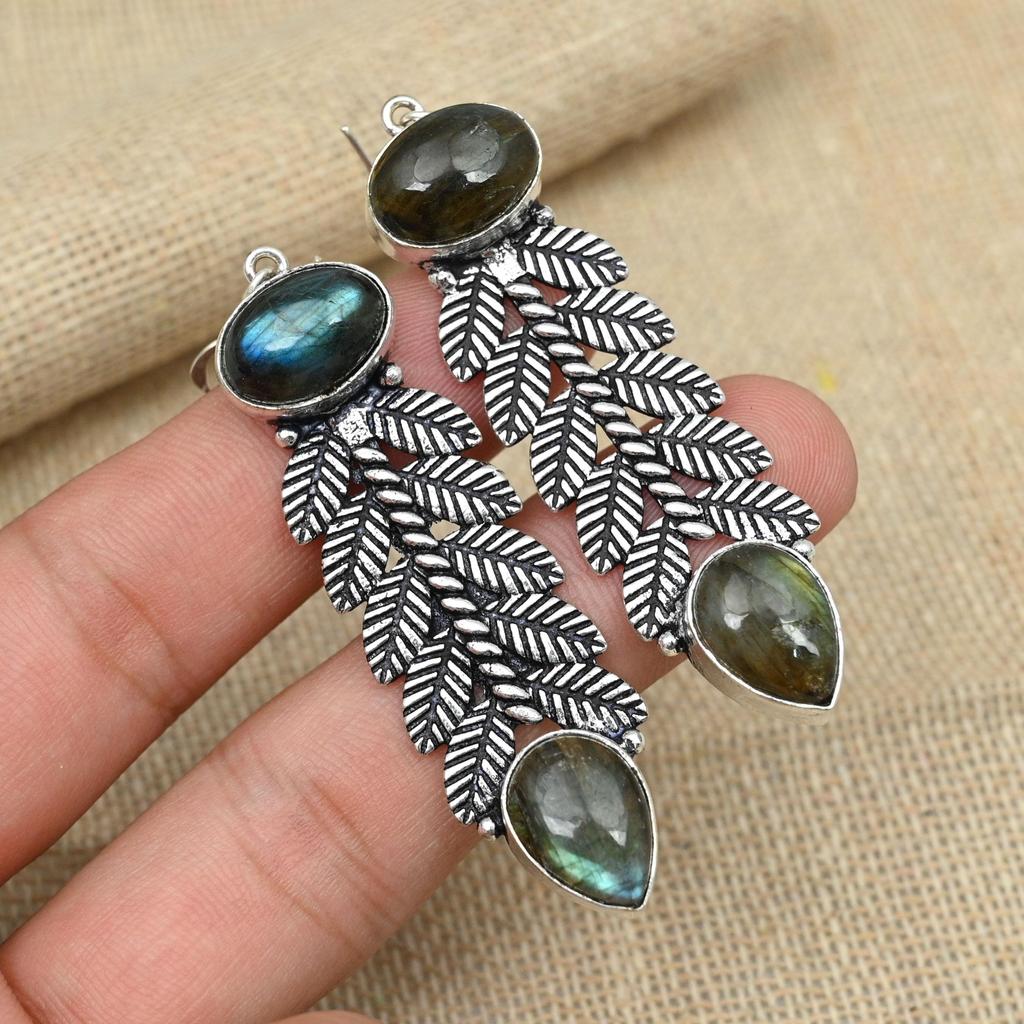 Kolczyki z labradorytu Delikatne kamienie szlachetne Ręcznie robiona biżuteria z próby 925 ze srebra dla prezentów