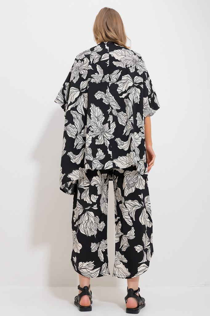 Women's Bottom-Top Set New Season Fashion Black Palazzo Trousers and Patterned Woven Viscose Kimono Set