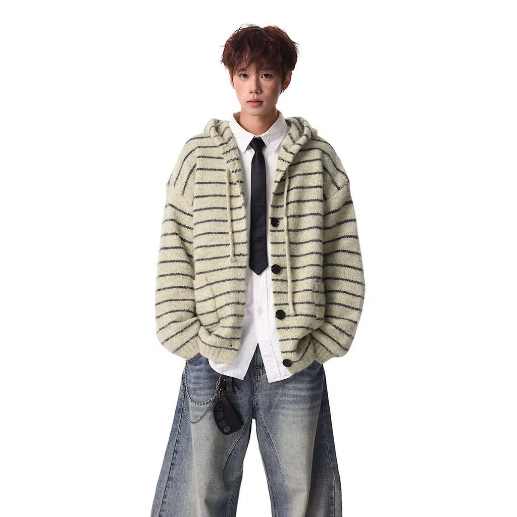 Unisex Schwergewichtiger, gestreifter Kapuzencardigan, Herbst/Winter, Koreanischer Stil, Strickpullover aus Wolle für Paare.