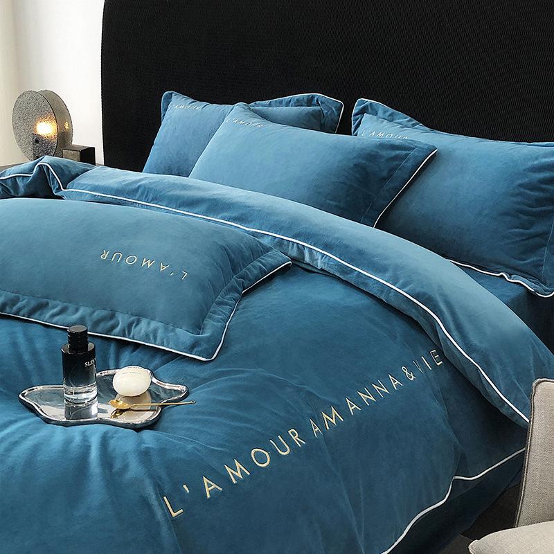 Class A baby velvet four-piece set baby velvet solid color embroidered milk velvet bed three-piece set flannel sheet quilt cover duvet cover