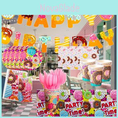 Colección Vibrante de Suministros para Fiesta de Donas Incluyendo Platos Vasos Servilletas Y Mantel