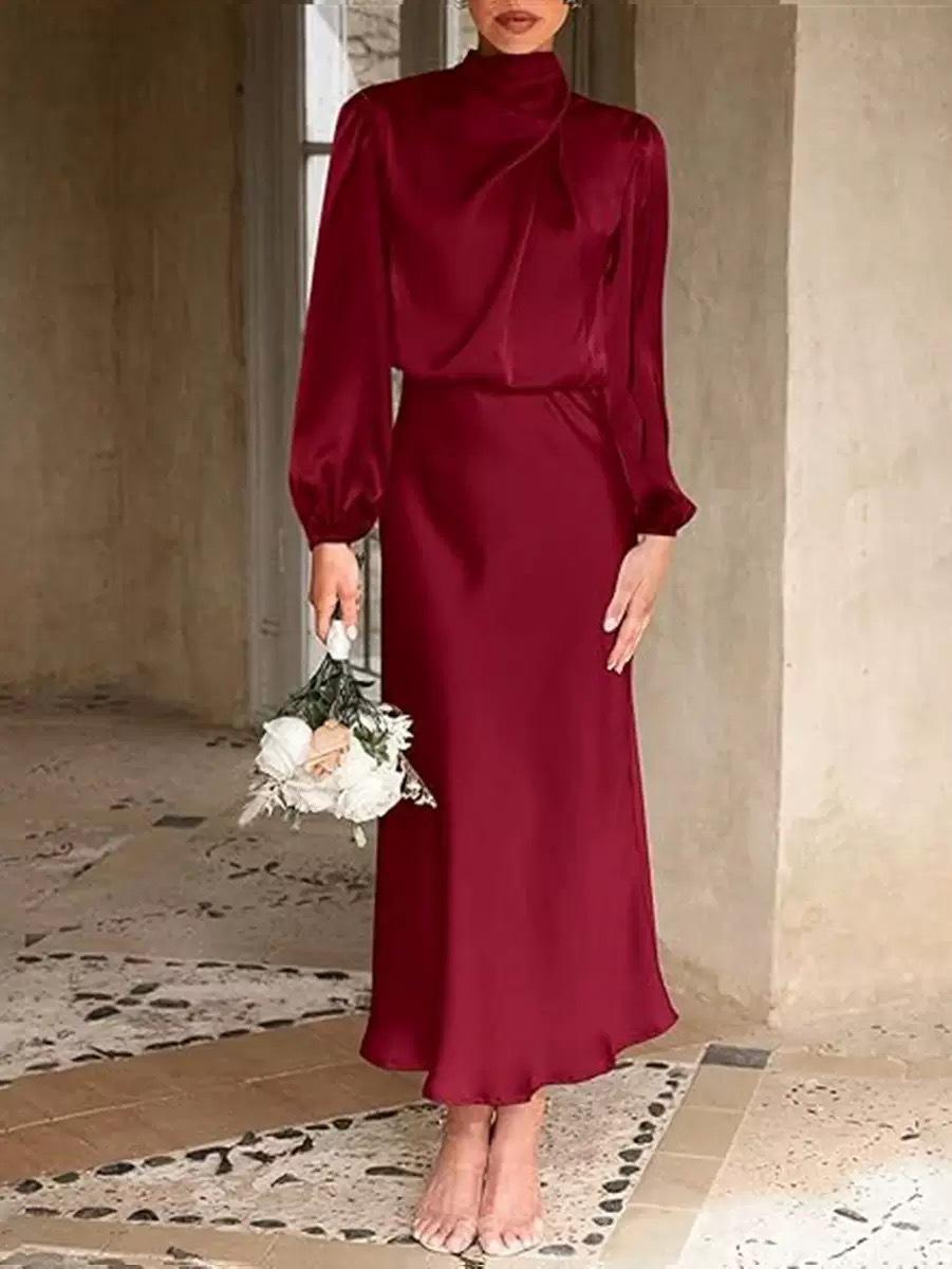 

Autumn 2025: Elegant Satin Long-Sleeve Evening Dress XXL вина червоного кольору