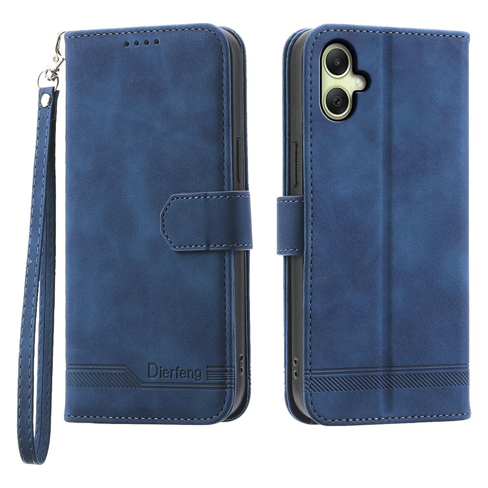 

DIERFENG DF-03 For Samsung Galaxy A07 4G Case Lines Imprint Wallet Leather Phone Cover with Wrist Strap Blue