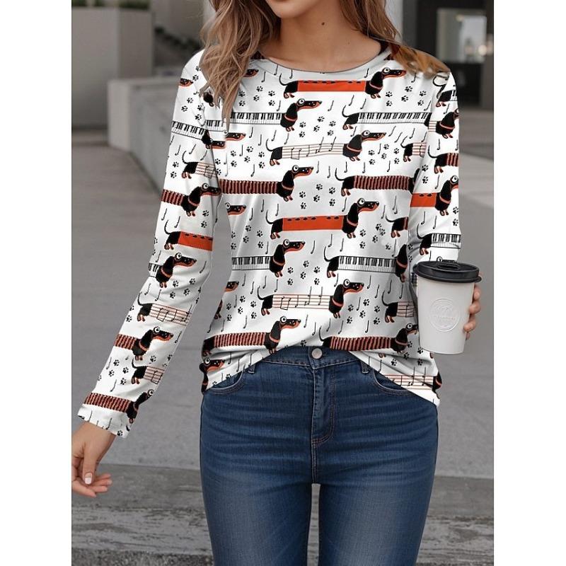 Spring and Autumn Fashion 3D Dog and Cat Printed Top Round Neck Long Sleeve Women's T-shirt