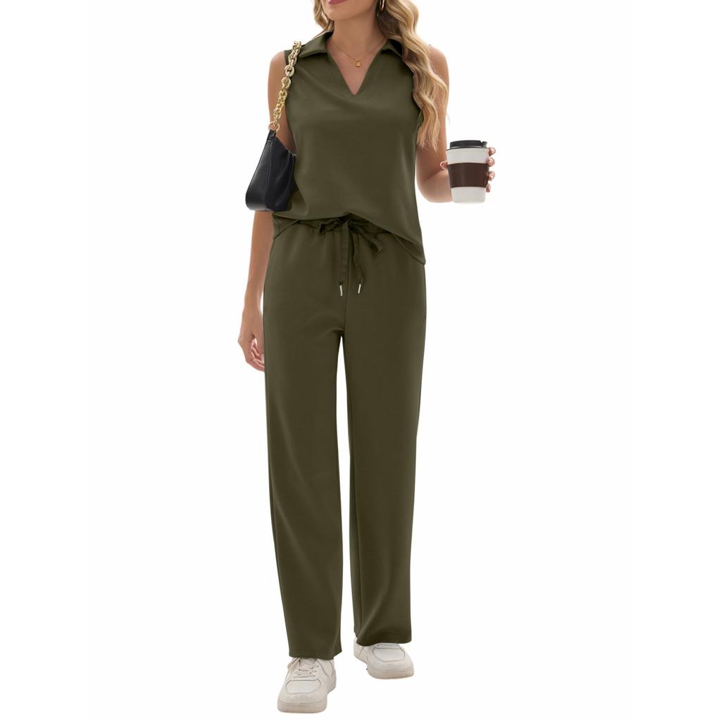 Ladies' Casual Temperament V-neck Casual Top Wide Leg Pants Two-piece Set