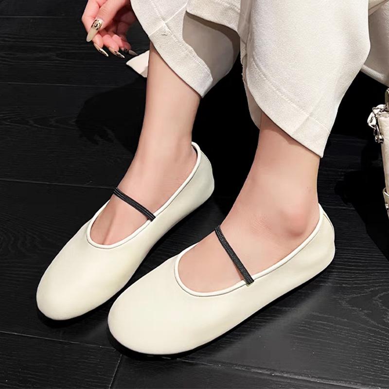 One-word leather soft-soled Mary Jane single shoes women's small heels ballet shoes small leather shoes ladyshoes