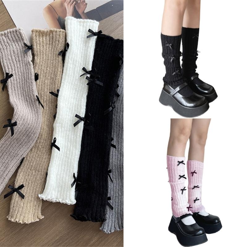 Women Girls Ribbed Knit Solid Color Leg Warmer Aesthetic Elegant Sweet Bowknot Footless Long Socks Ruffled Leg Covers