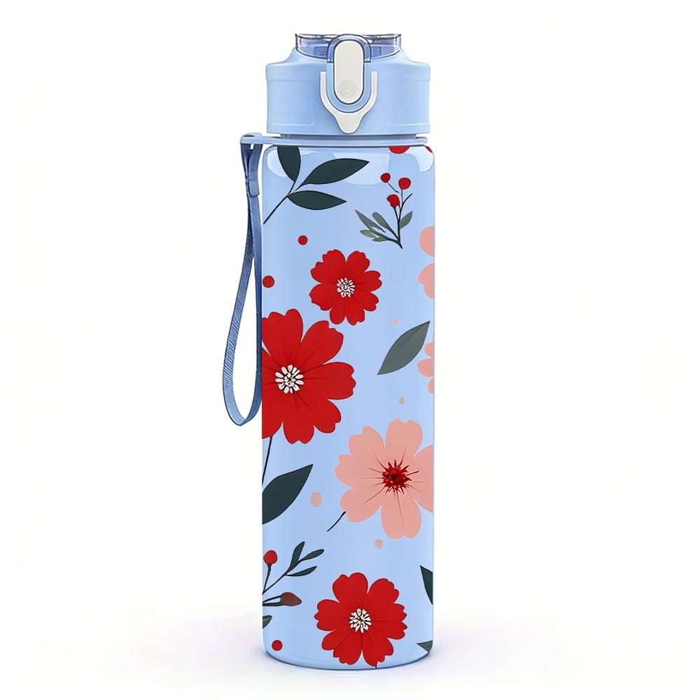 1PC Mixed Red Pink Wildflower Seamless Pattern 750ml Color Plastic Sports Water Bottle Leakproof Flip Straw Lid Suitable for Sports Office Home Use