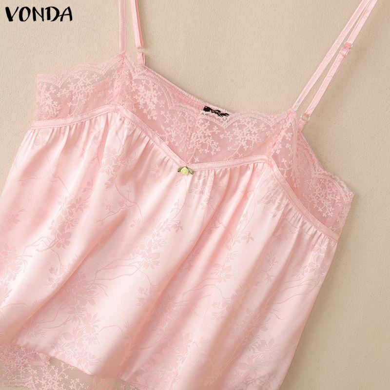 VONDA Women's Sexy Lace Trim V-Neck Sleeveless Spaghetti Strap Cami Tank Top
