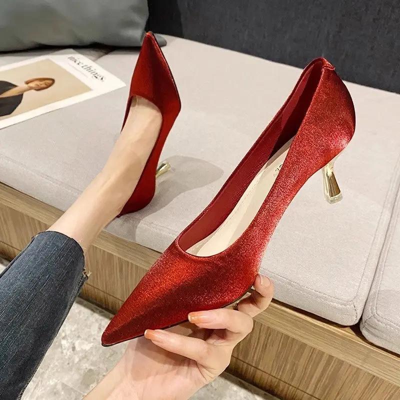 Fashion High Heels Pointed Toe Pumps Wedding Bride Shoe on Heeled Ladies Stilito Women's Shoes Korean Style Wholesale Genuine Mark Y2k
