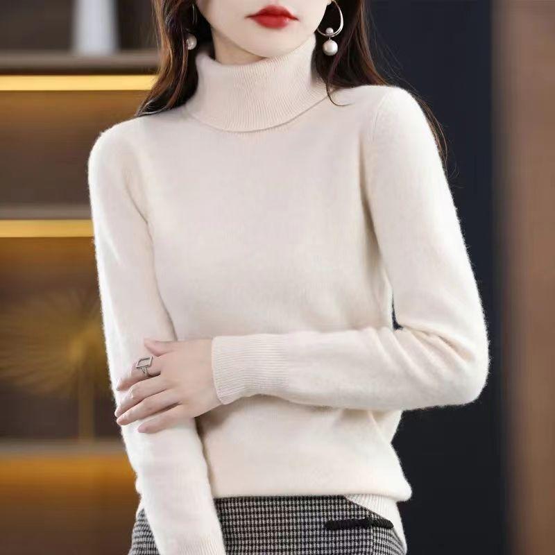 Winter Sweater Long Sleeved Knitted Sweater Solid Color Versatile Temperament Women's Base Shirt