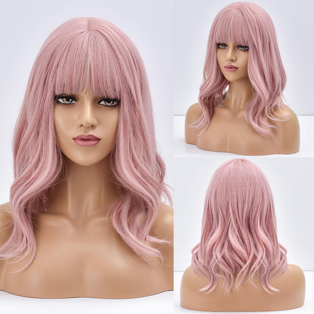 Short Bob Synthetic Wig Ombre Pink Water Wave Hair Wigs For Black Women With Bangs Cosplay Lolita Heat Resistant Natural Hair
