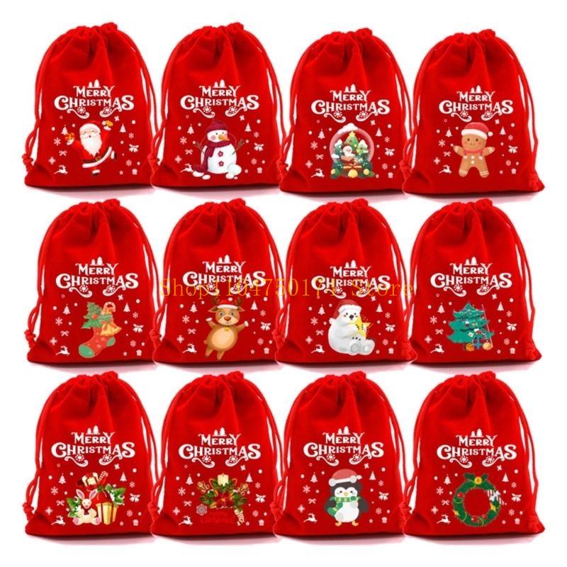 12pcs Christmas Plush Gift Bags For Holiday Decorations And Surprises Drawstring Designs Pouches For Secure Closure top sale