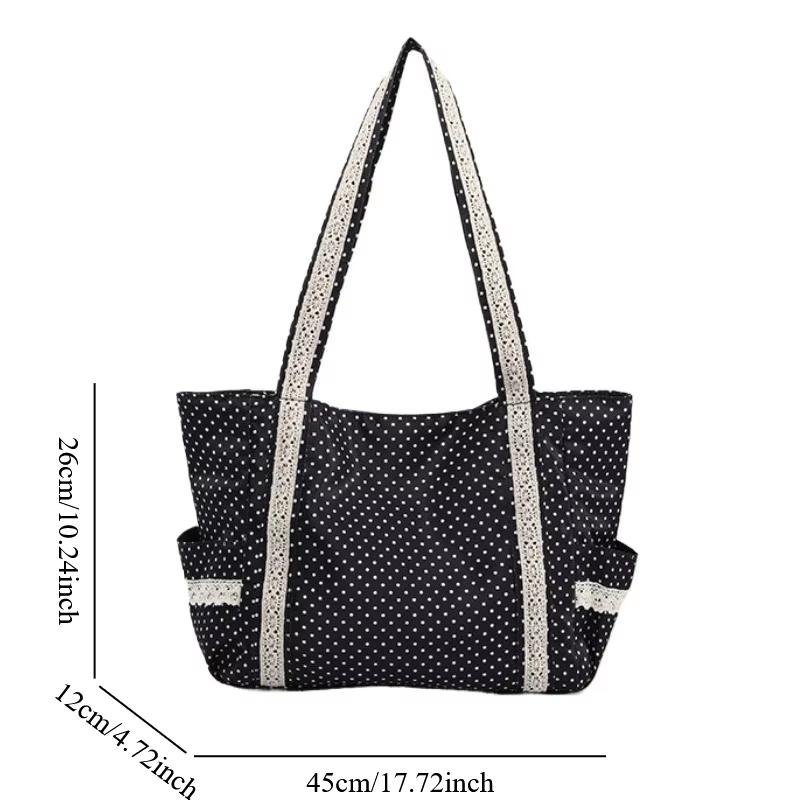 Korean Polka Dot Shoulder Bag For Women Retro Fashion Large Capacity Tote Bag Literary Work Commute Versatile Canvas Handbag