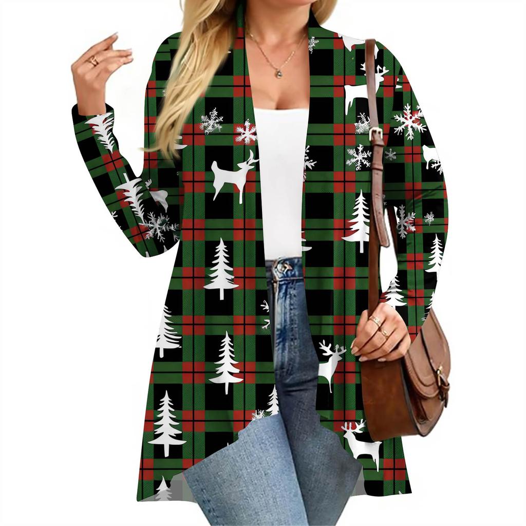 Women's Fall And Winter Fashion Casual Print Long Sleeve Mid-Length Cardigan Jacket