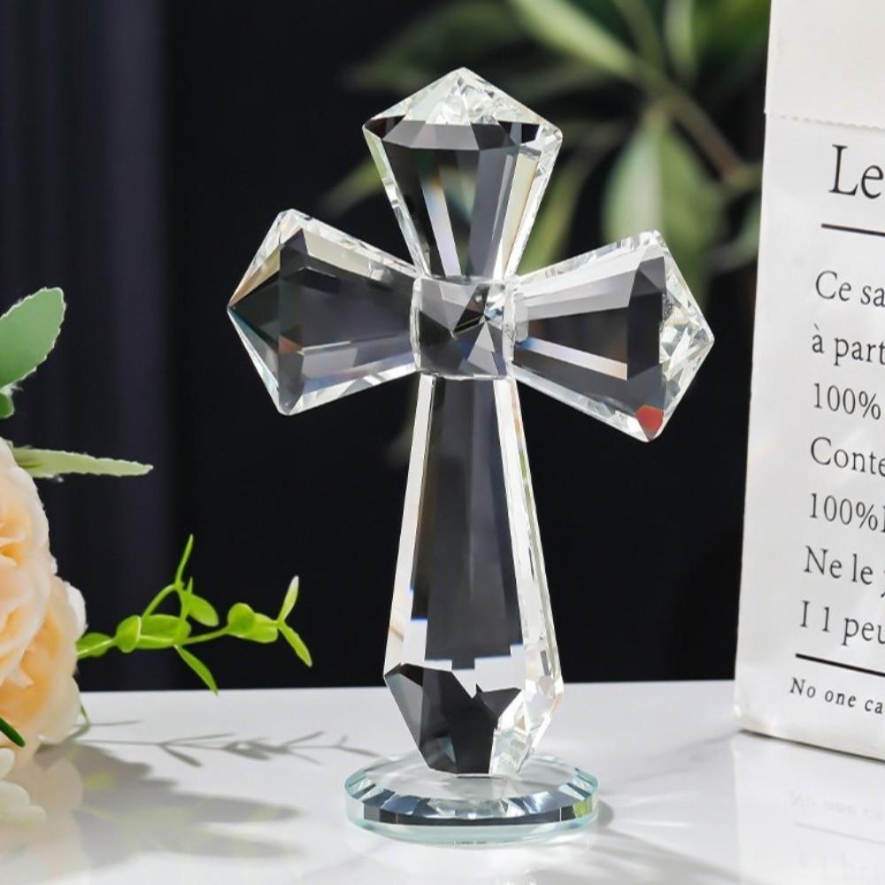 Cruz de Cristal Tallada a Mano Diseño Multifacético 360° Adorno de Pie Figura Religiosa Cristal Color AB Regalo Espiritual Cristianos