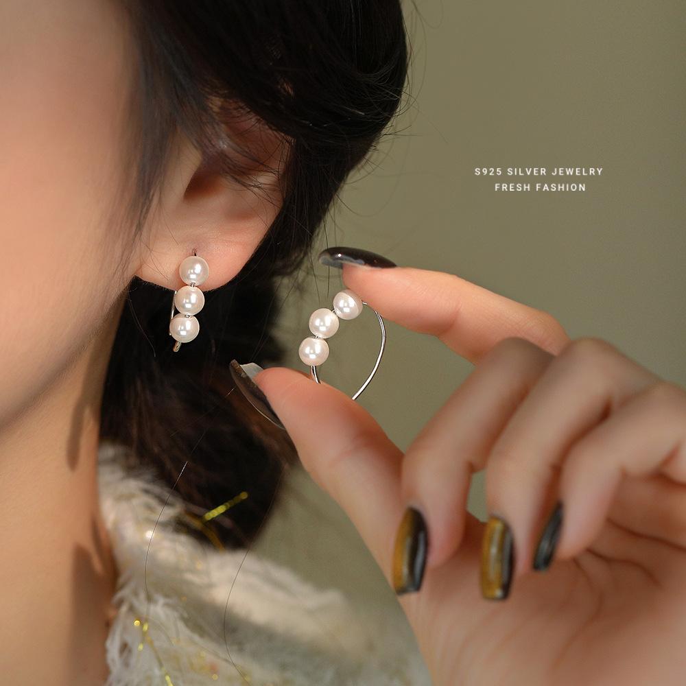 French Retro Light Luxury Round Beads 925 Sterling Silver Earrings for Women Fashion Temperament Jewelry Accessories