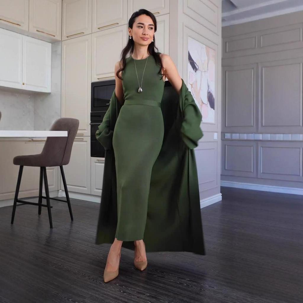 2025 Autumn Elegant Wool Knit Dress & Long Cardigan Set