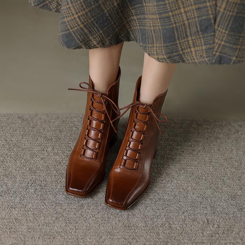 Fashion 2025 Fashion Women Shoes Split Leather Short Boots Square Toe Chunky Boots Winter Shoes Women Solid High Heel Boots for Women