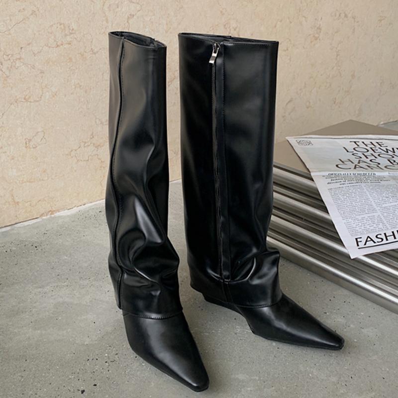 Fashion 2025 Autumn Winter Women Knee High Boots Fashion Female Pointed Toe Wedges Shoes Zipper Shoes Ladies Modern Chelsea Boots