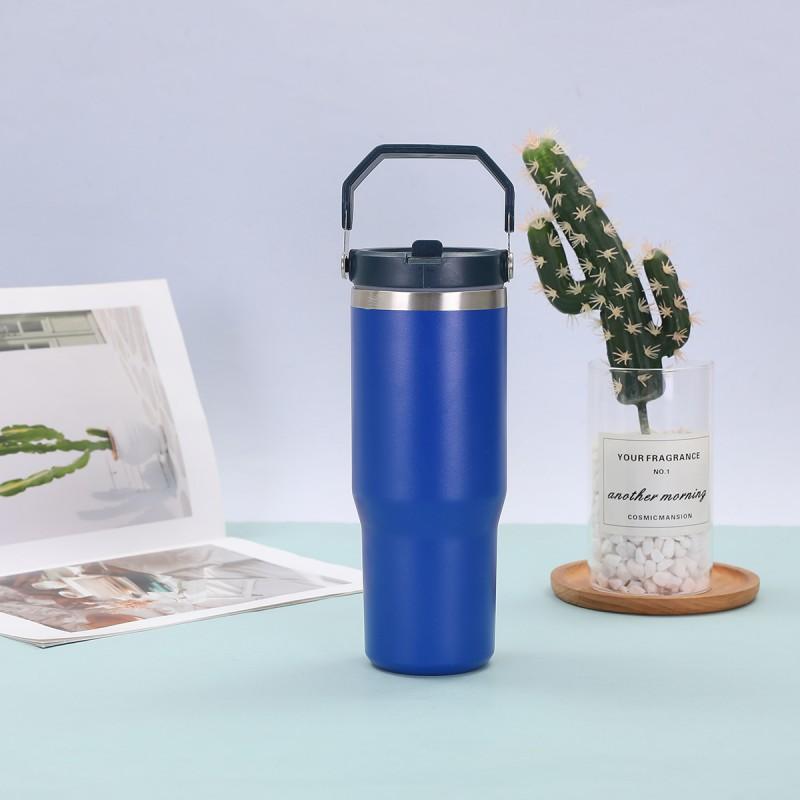 30 Oz Stainless Steel Travel Tumbler With Handle Straw Lid Car Outdoor Use Insulated Water Bottle
