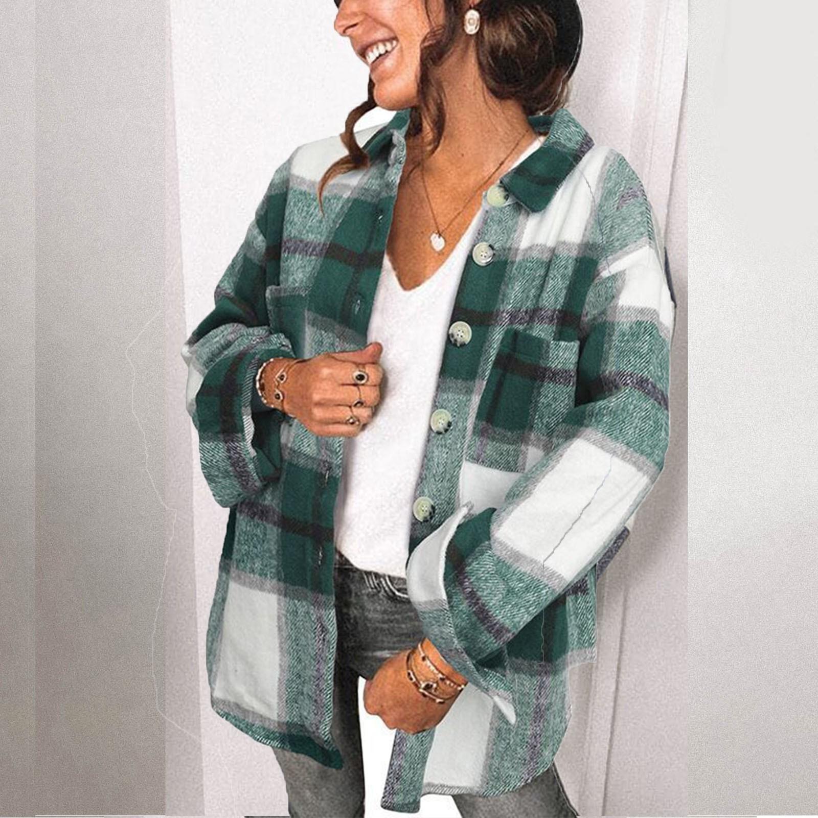 

Женская повседневная модная однобортная клетчатая рубашка с лацканами, среднее шерстяное пальто S