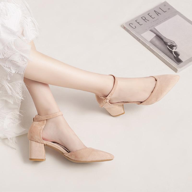 Spring New High-heeled Shoes Women's Thick Heel Word with Pointed Toe Shallow Mouth Single Shoes Professional High-heels
