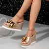 Slope Heel Cool Slippers Women's Summer New Rhinestone Sequins Flower Transparent Thick-soled Muffin One-word Drag Women's Shoes