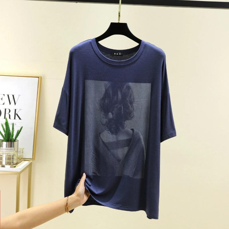 T-shirt Women Versatile Summer Casual Large Size Loose Round Neck Pullover Short-sleeved Tops