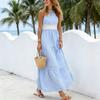 Women Casual Striped Halter Neck Maxi Dress Sleeveless Waist Cinch Long Dress Summer Vacation Beachwear
