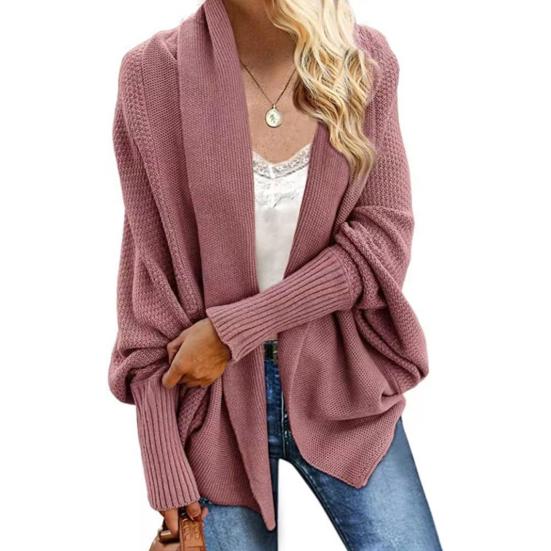 Women Cardigan Coat Collarless Batwing Long Sleeve Open Front Knitting Coat Elastic Cuffs Solid Color Loose Fit Knitted Cardigan