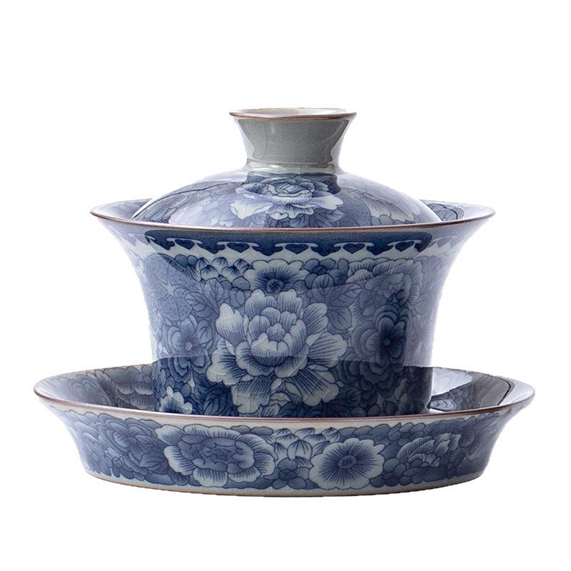 Antique Sancai Blue & White Gaiwan Kung Fu Tea Set: Cultivable Crackle Ceramic Tea Bowl & Large Cup