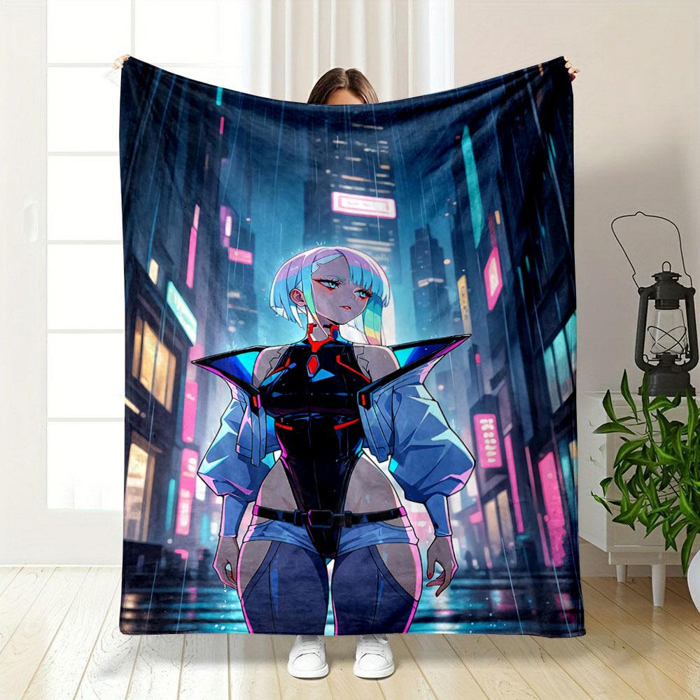 Neon-lit Cyberpunk Cityscape with Futuristic Attire and Rain Effects. for All Seasons Blanket Lunch Break Throw Gift