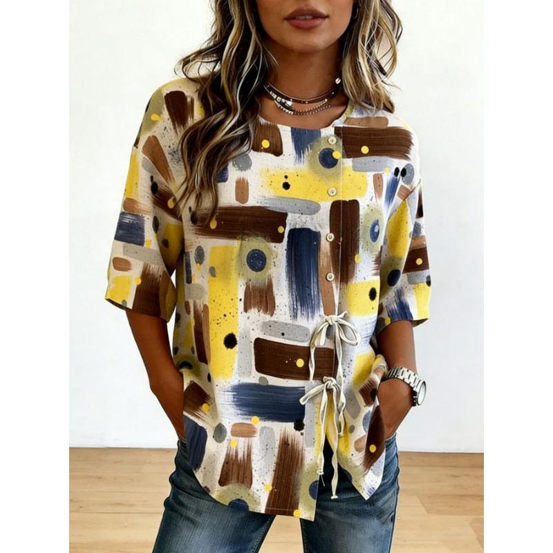 Women's Spring Summer 3D Printed Button Front Drawstring Retro Blouse, Brown Leopard Snake Heart Geometric Patchwork Top